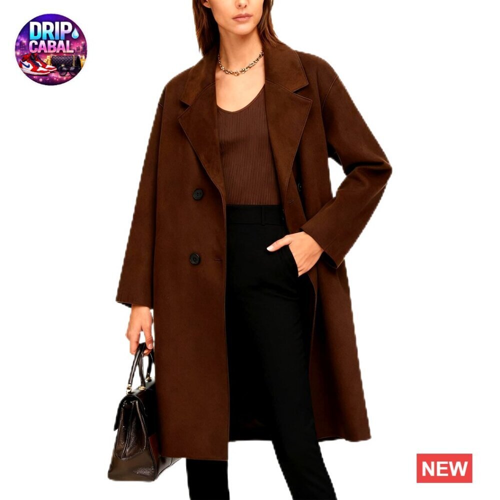Wool Blend Pea Coat Double Breasted Trench Classic Elegant Midi Length